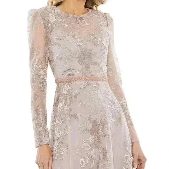 Mac Duggal Midi Dress 10 Beaded Crew Neck Illusion Long Sleeve Pink Rose $598 - Picture 3 of 16